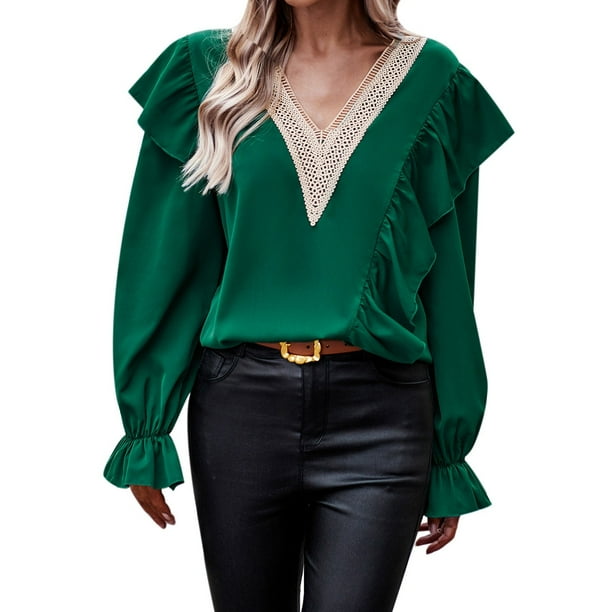 Gibobby Blusas De Manga Larga Para Mujer Blusa de camisa de mujer Blusa de manga larga con cuello en V elegante de otoño con color perfecto para la oficina(Verde, XL)