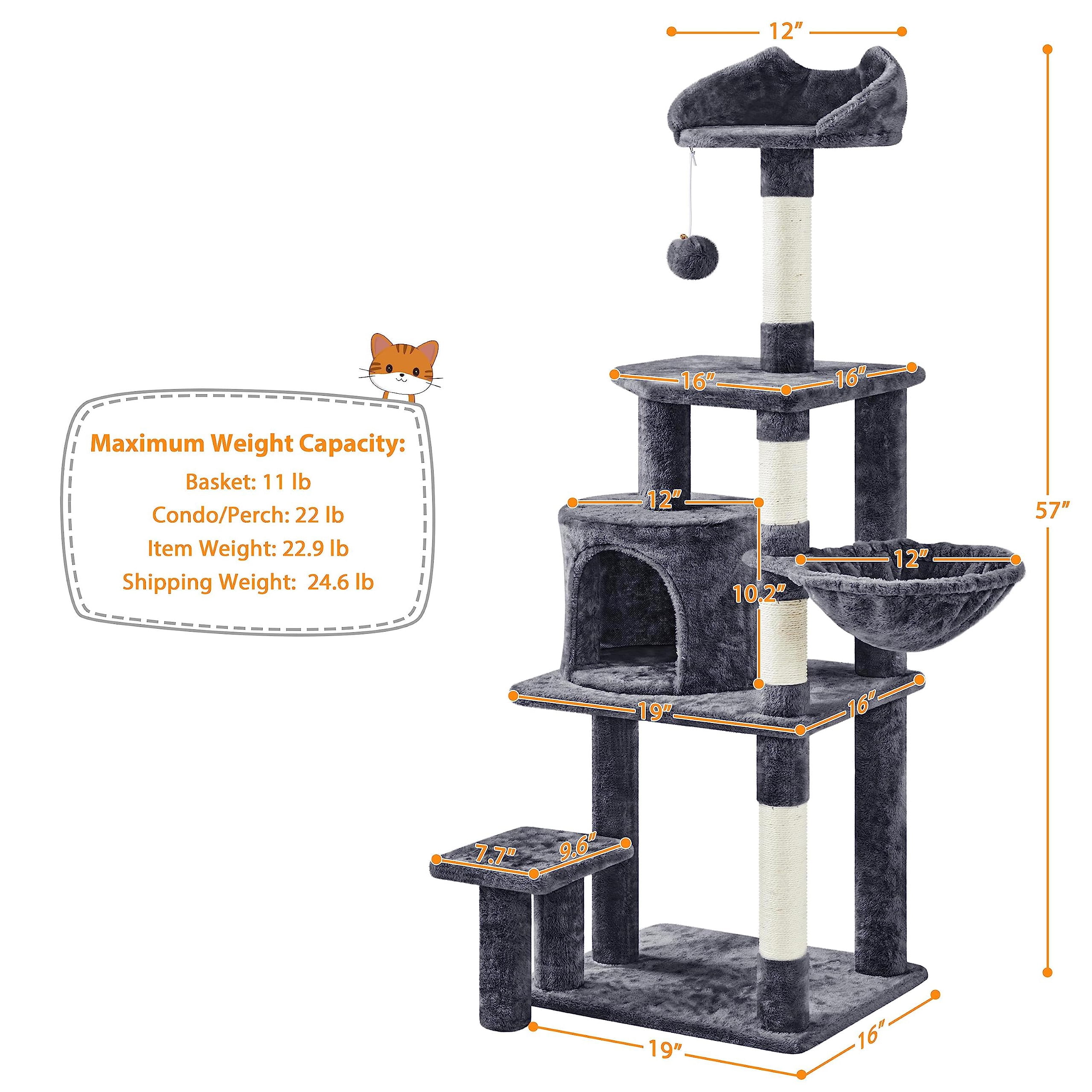 Cat Tree 57in Multi Level Cat Tower with Plush Condo, Scratching Post, Basket, Padded Perch, Extended Platform for Climbing Jumping Play