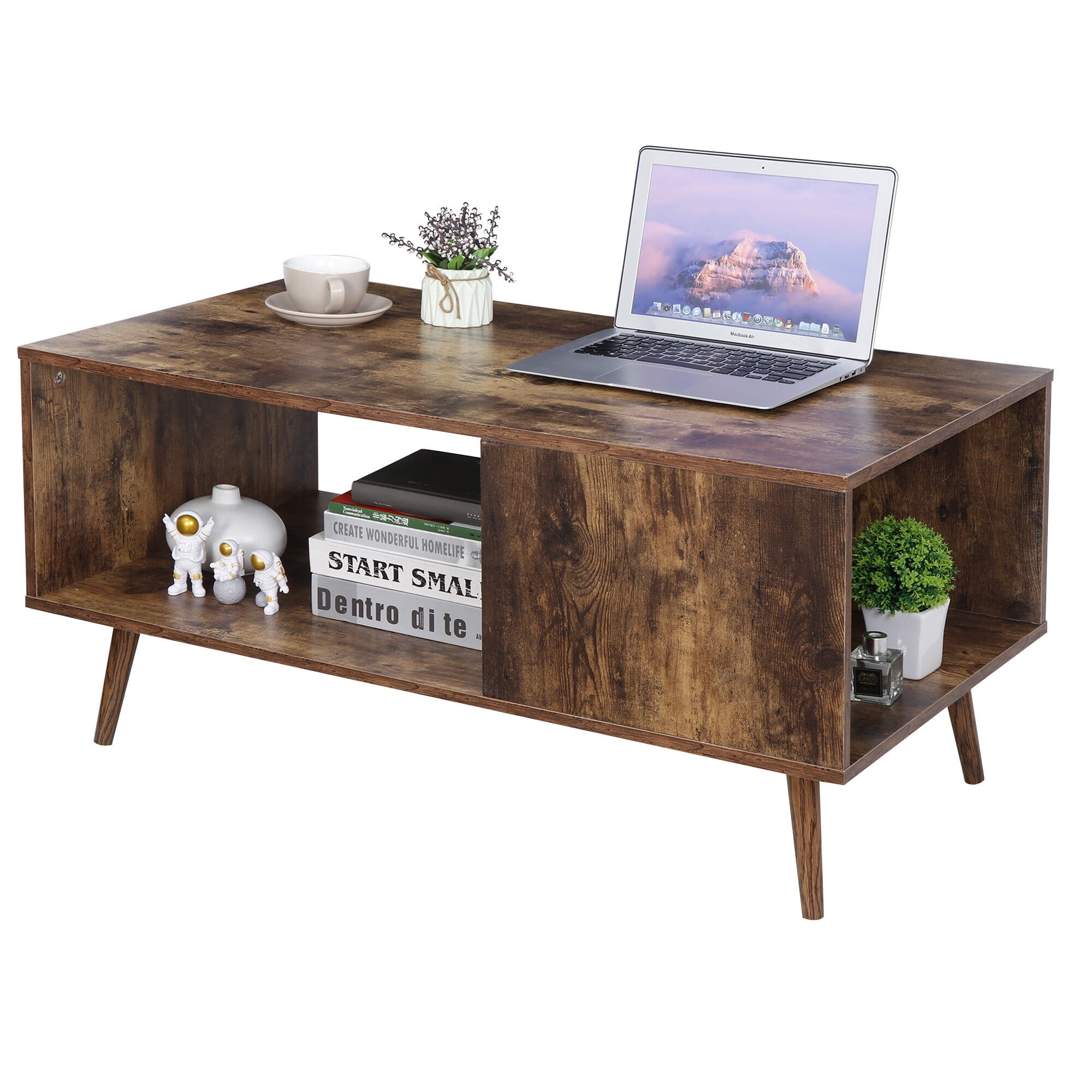 HomGarden 2-Tier Wood Coffee Table Retro Sofa Side Table Cocktail Table for Living Rom Brown