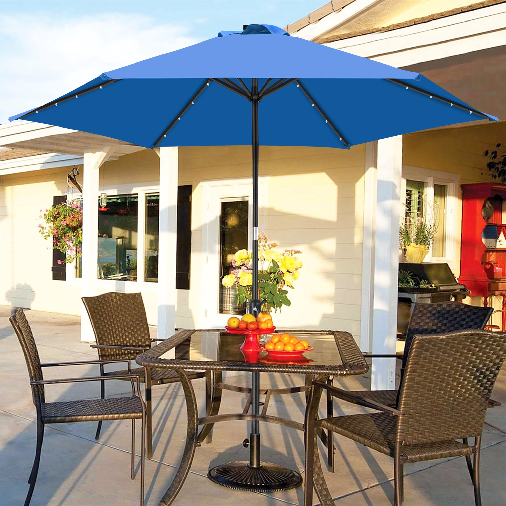 Scafild | 7.5 Ft Solar LED Light Patio Umbrella Outdoor W/ Easy Tilt - Ocean Blue