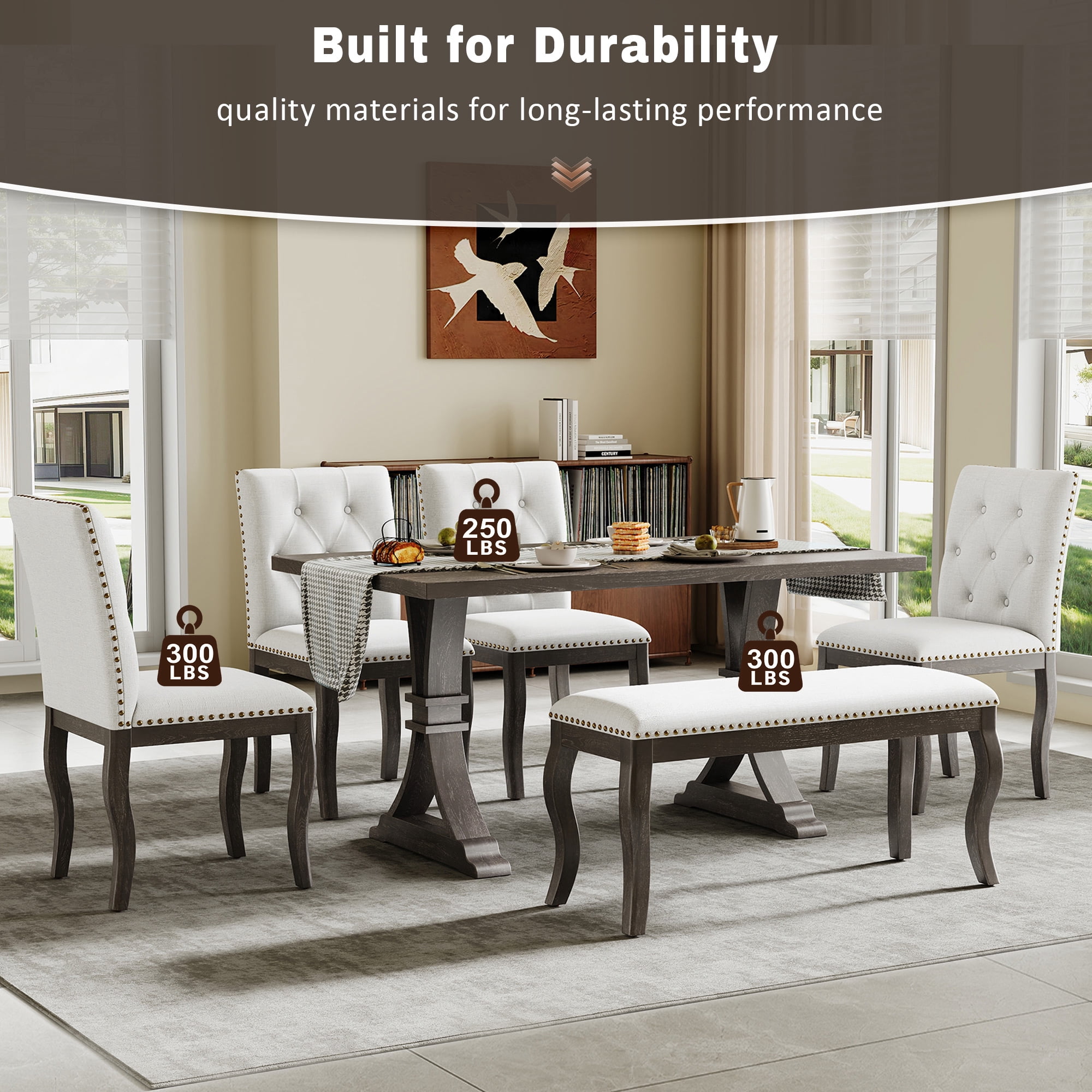 6-Piece Dining Table Set for 6 , 60" Large Rectangular Table with 4 Upholstered Chairs and Bench