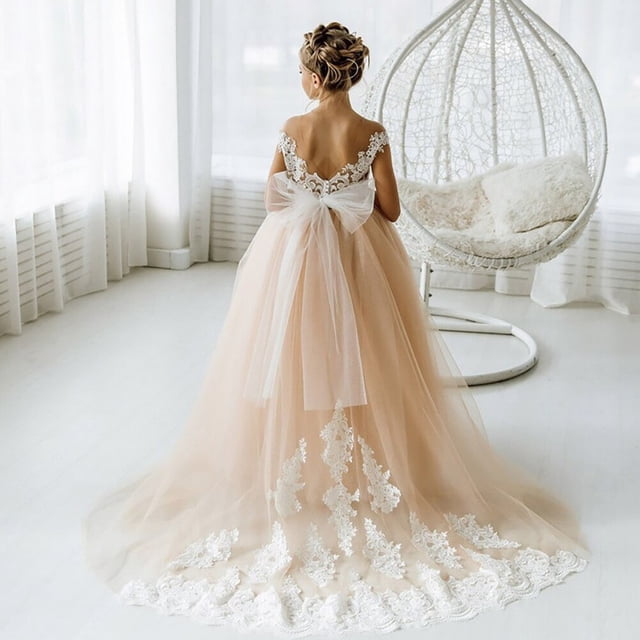 Cute Flower Girl Dresses for Wedding Big Bow Appliques Long Little Pageant Gowns Girls White Tulle First Communion GownsChild-3 Gao Jinjia LED