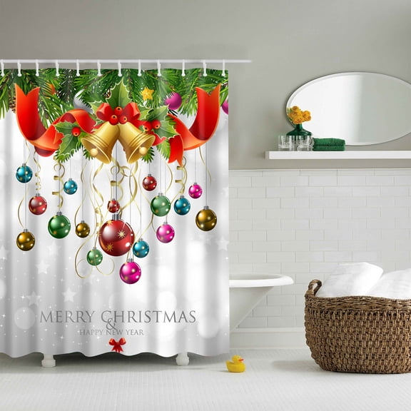 EUBUY Merry Christmas Shower Curtain Waterproof Polyester Happy Near Curtain with 12pcs Hooks Bathroom Multi-color 59"x70.86"