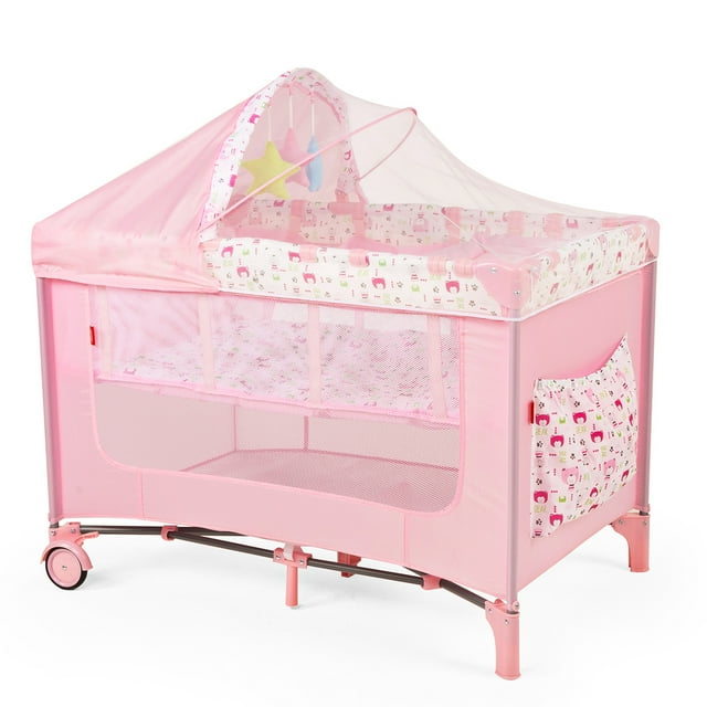 Cuna Corral Plegable con Cambiador y Dos Niveles D´Bebe - Rosa