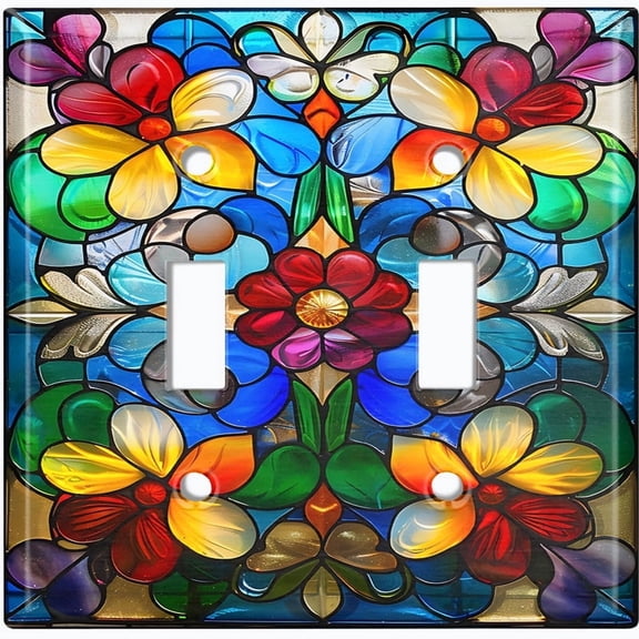 Metal Light Switch Wall Plate Outlet Cover (Colorful Stained Glass Flowers - Double Toggle)