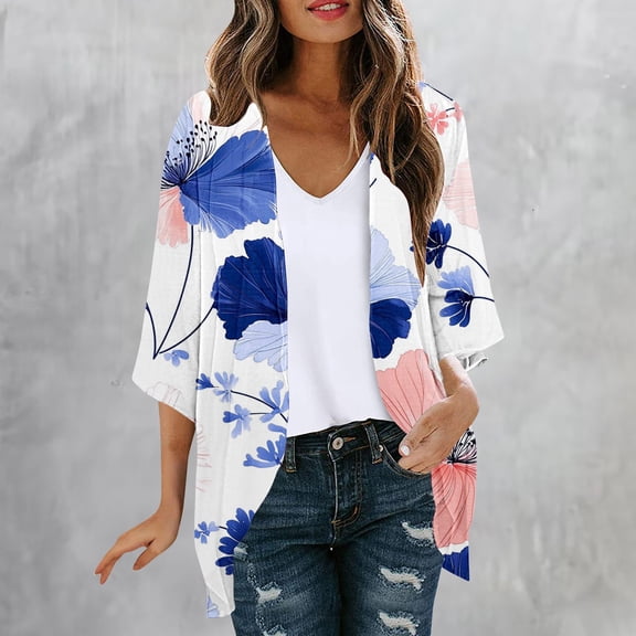 AGWOLF Womens Kimono Beach Cover Up,3/4 Sleeve Chiffon Cardigan Floral Print Boho Casual Tops Open Front Bikini Swimsuit Loose Cardigans Multicolor,L