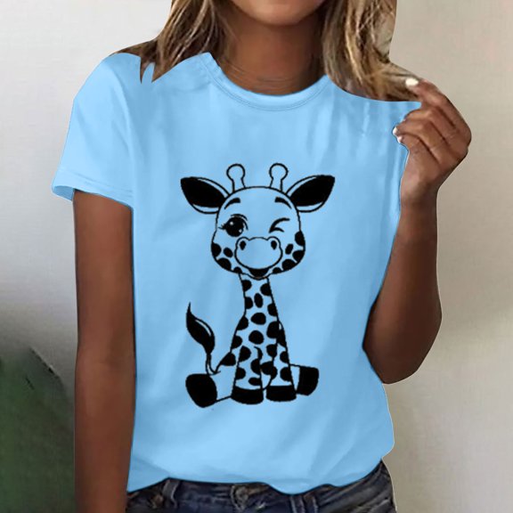 Yuwull Oversized T Shirts for Women, Womens Summer Tops Giraffe Print Graphic Short Sleeve Crew Neck T-Shirt Plus Size Womens Cute Tops Blue