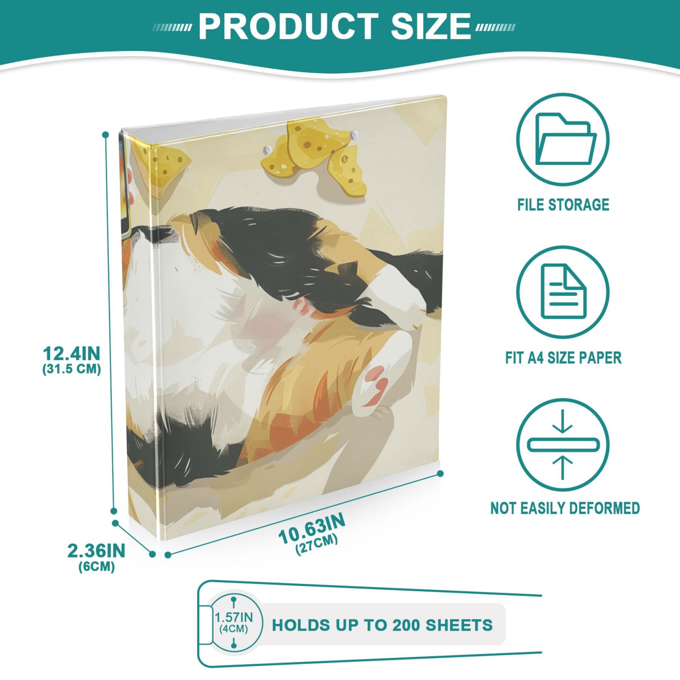 Lazy Cat 3 Ring Binders 1.5 inch Hardcover File Folders with Interior Pockets A4 Size Organizer for School Office Hospital