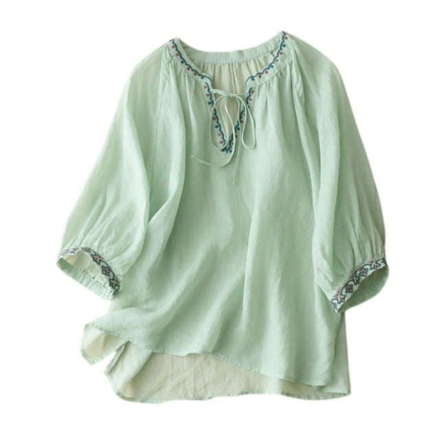 T-Shirts Oversize pour Femmes, Broderie en Lin Décontractée, Col en V, Manches Pointues, Confortables et Amples, Hauts pour Femmes, Vert TG