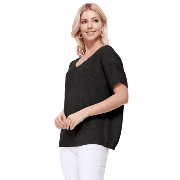Yemak Women's Open Back with Lace Half Sleeve Loose Fit Knit Pullover MK3626-BLK-M-BD
