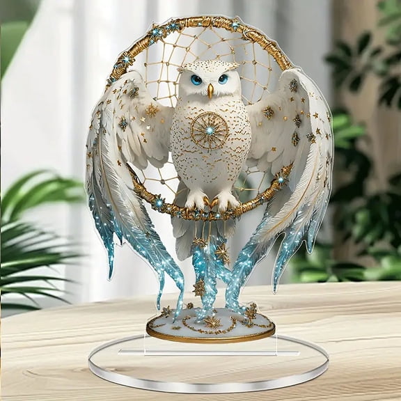 White Owl Acrylic Stand, Clear Desktop Figurine Decoration for Home Office Living Room Bedroom, Cute Compact Display Ornament, Heartfelt Gift for Owl Lovers, Holiday and Everyday Decor
