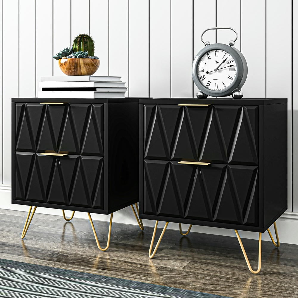 GVN Nightstand, Bedside Table,Black Nightstand Set of 2 with Gold Handle, Bedside Table with 2 Drawers & Gold Legs for Bedroom Living Room