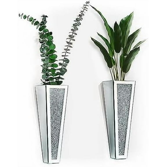 Crystal Wall Vase Hanging Flower-vase - Silver Crushed Diamond Mirrored Container Flower Vase Home Decor for Living Room, Dining Room, Bedroom, Set of 2 （11.2 Inch High）