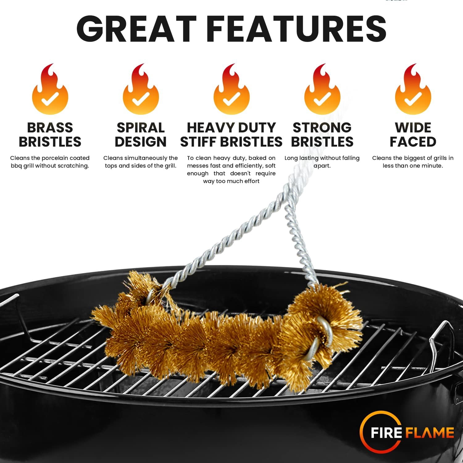 Fireflame BBQ Grill Brush  Non-Scratch Brass Bristles - 16-Inch Long Handle Barbecue Grill Cleaning Brush - Wide-Faced Spiral Heavy-Duty  Made in The USA
