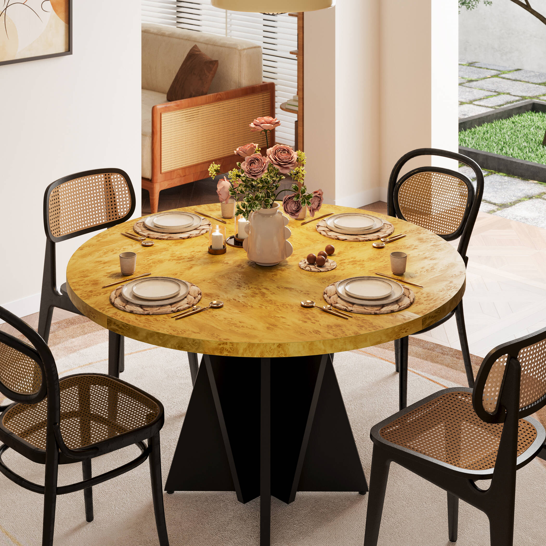 Table Ronde De Salon/salle à Manger - Plateau Effet Bois Avec Chiffres Romains - Base Fer - Diamètre 60/70 Cm
