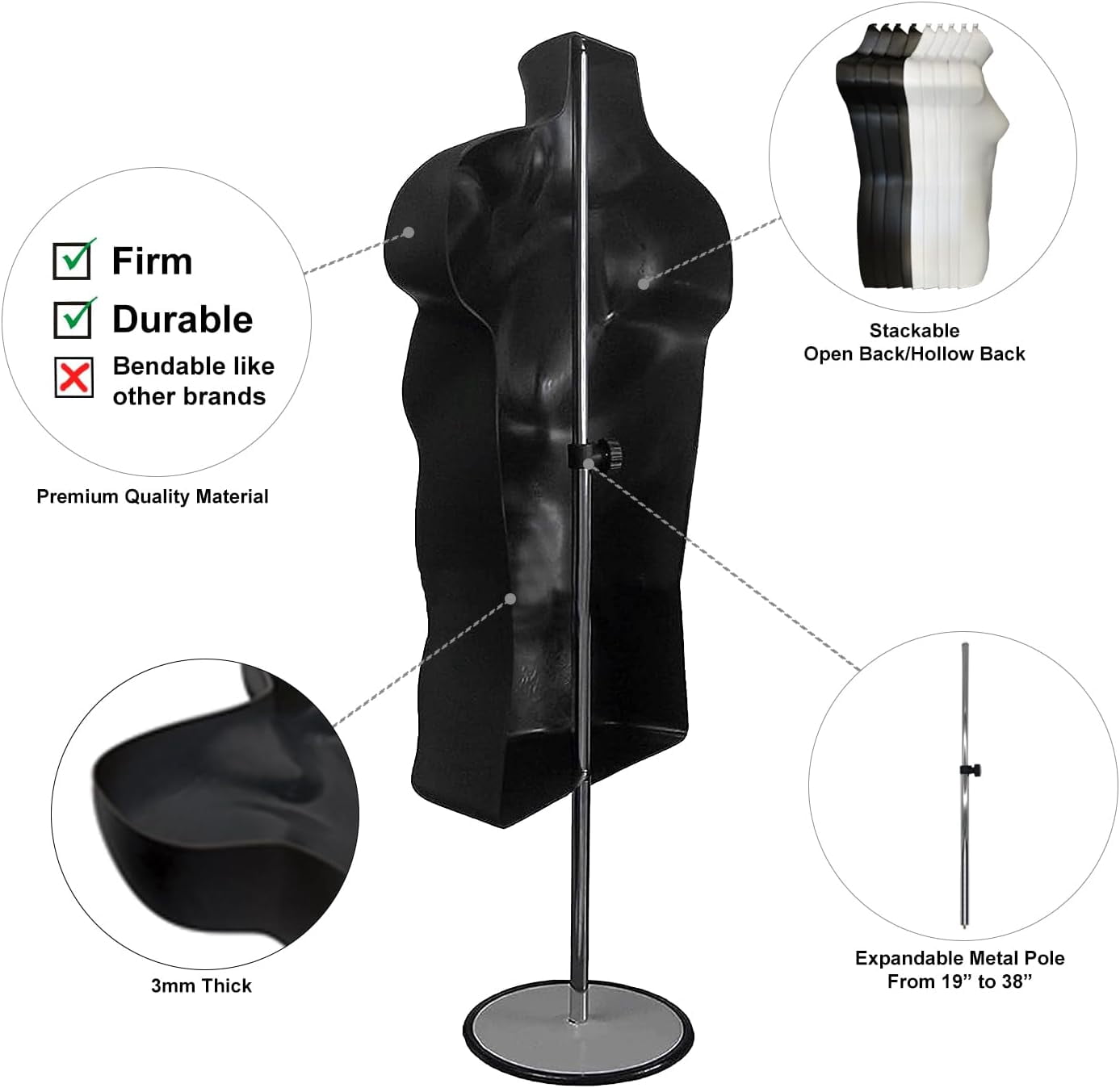 DisplayTown 2 Pack Black Male Mannequins Hollow Back Body Torso w/ Metal Stands with Metal Pole & Hanging Hook for Tshirt Display, S-M Sizes