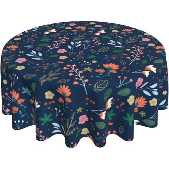 Spring Summer Floral Tablecloth Round 60 Inch Farmhouse Navy Blue Background Wildflower Round Tablecloth Polyester Washable Table Cover Table Cloth for Kitchen Dining Room Picnic Patio Party