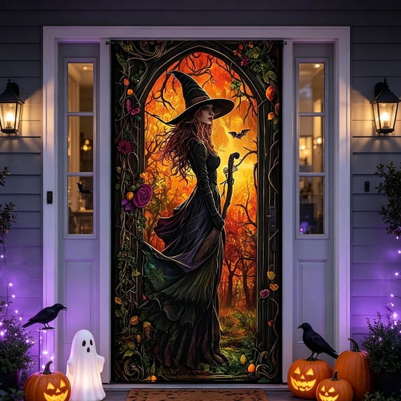 Cififendec Halloween Witch Printed Door Cover, 70.87" x 35.43", Spooky Fabric Door Banner for Party Front Entry