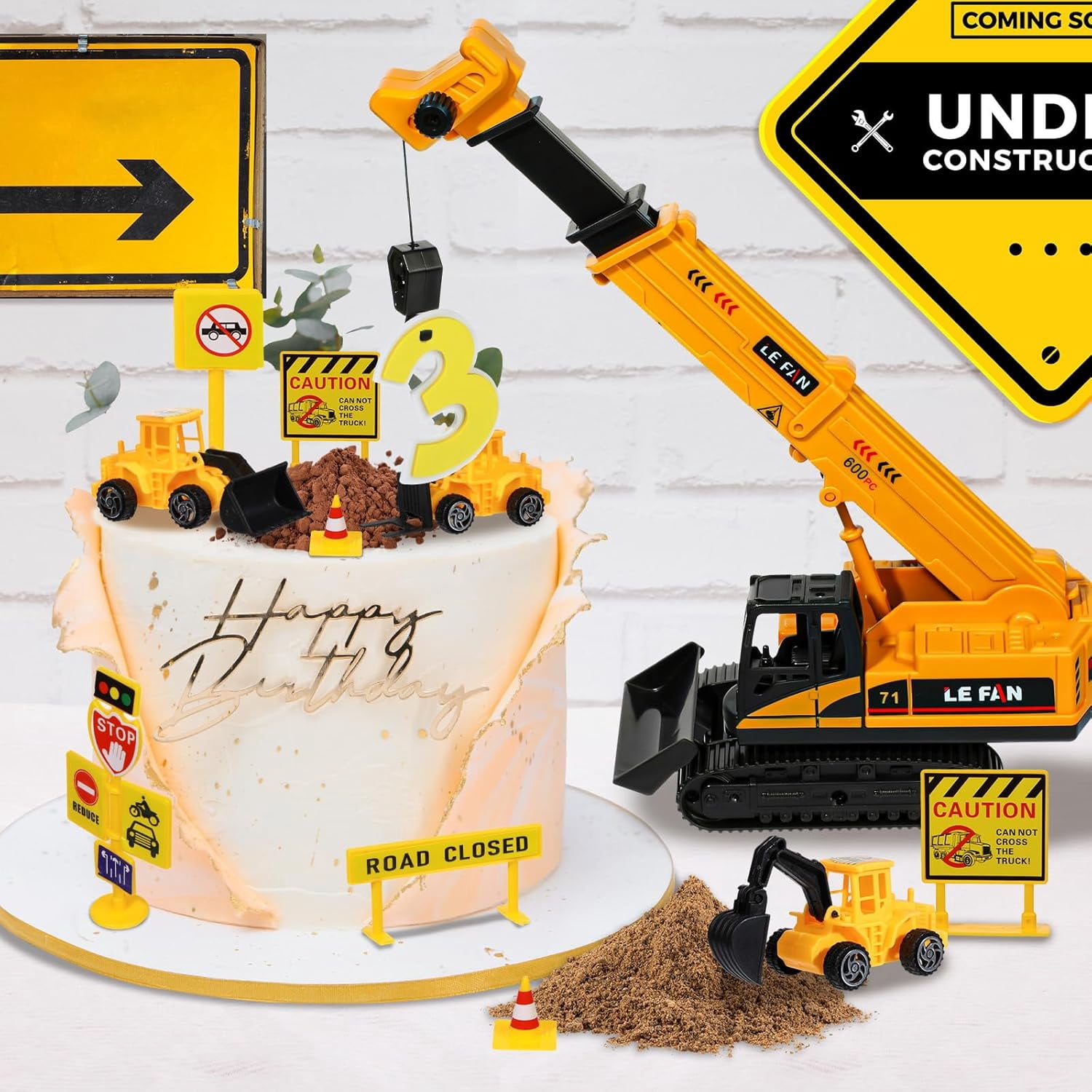 16 Pieces Construction Vehicles Cake Decoration Set Construction Birthday Party Supplies Large Crane Excavator Traffic Road Sign for Birthday Party Supplies Favours