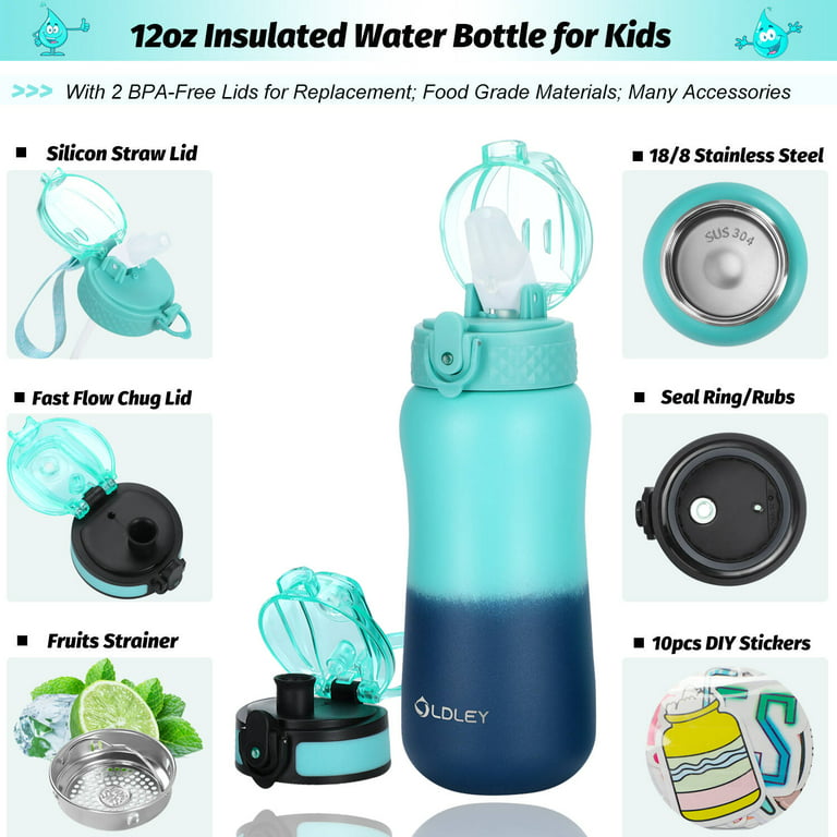 12 oz OLDLEY Insulated Kids Water Bottle Green Blue Boy with Straw/Chug/2 Lids Stainless Steel Double Wall Vacuum Wide Mouth BPA Free Leak-Proof for