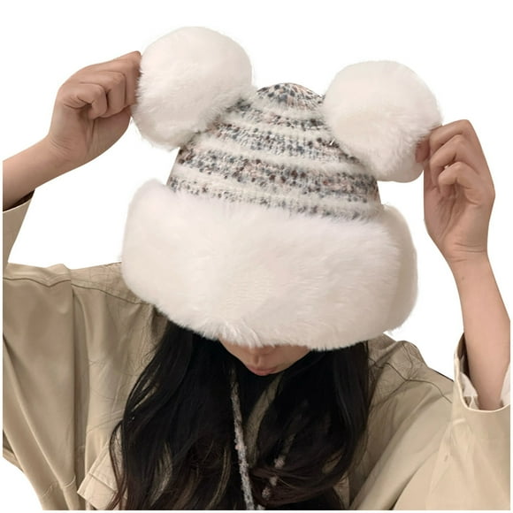 Fgnfyis Womens Winter Pompom Hat Knit Earflap Hat Warm Hat Cap Outdoor Ski Cap Bomber Hats White