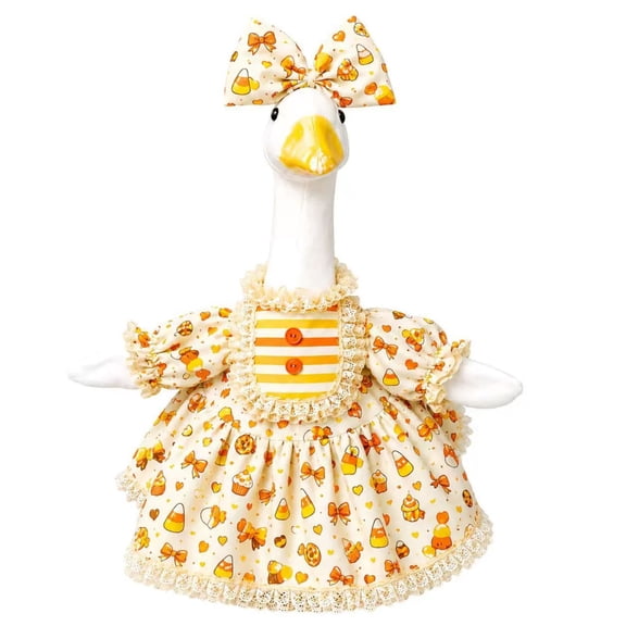 OANLKGI Thanksgiving Fall Goose Dress 23 Inch Harvest Printed Outfit With Matching Bow Decor Replacement Clothing For Porch Goose Figurine Front Porch Farmhouse Seasonal Decor