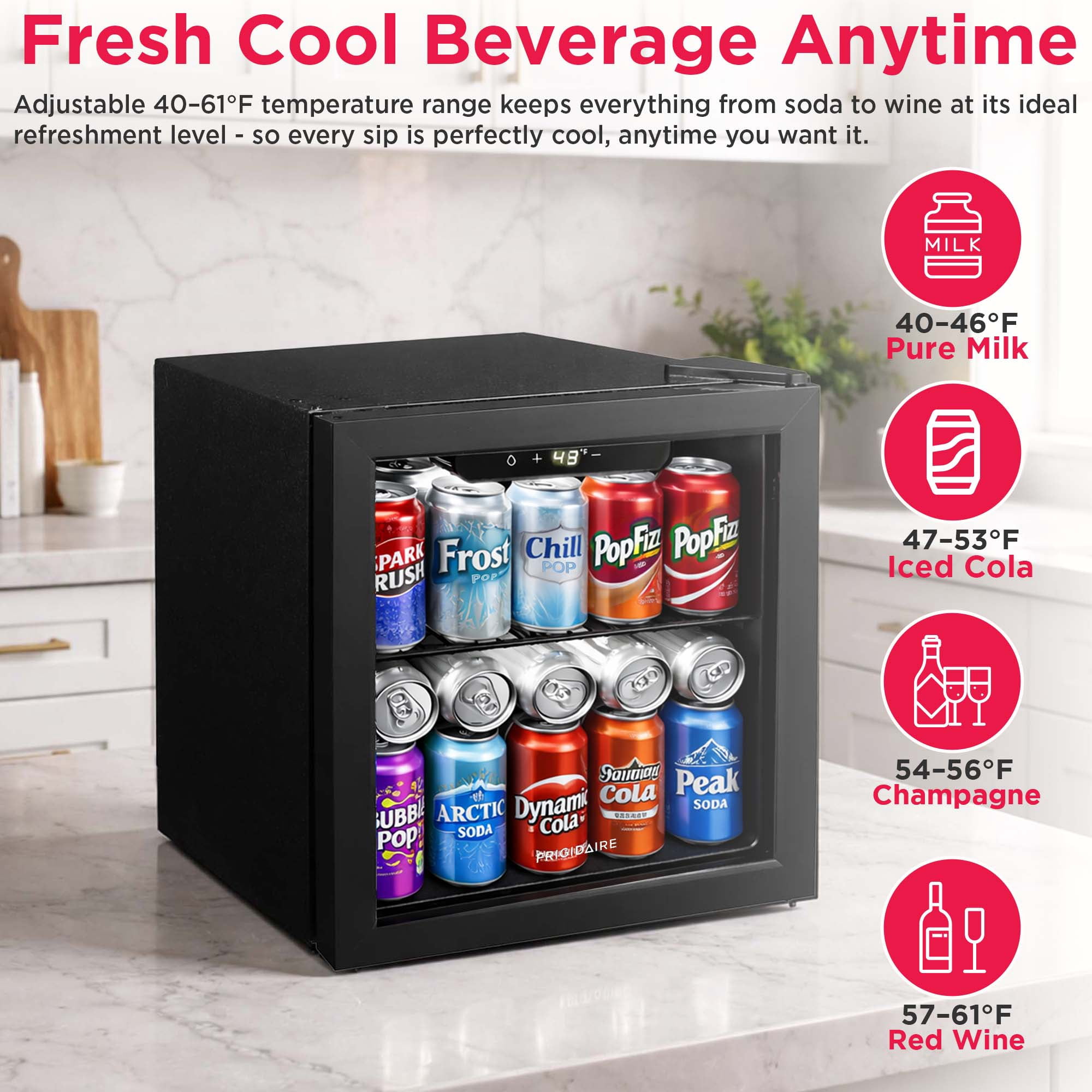 Frigidaire 1.3 Cu. ft. 36L Glass Door Beverage Refrigerator, 47 Can Capacity Mini Fridge with Touch Controls