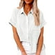thumbnail image 1 of Camisa casual de algodón y lino de manga corta con solapa y botones para mujer, color blanco/L, 1 of 5