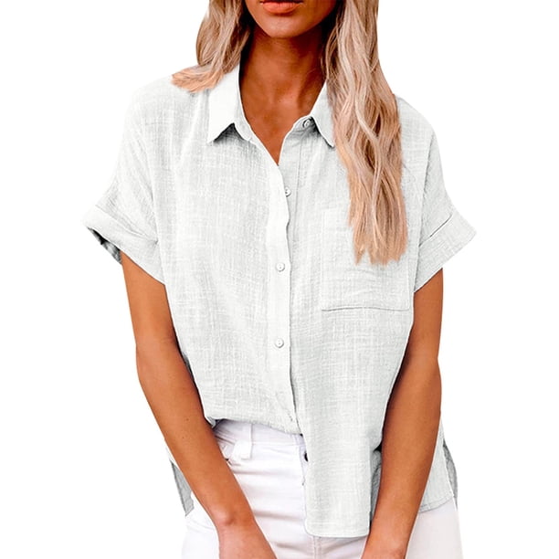 Camisa casual de algodón y lino de manga corta con solapa y botones para mujer, color blanco/L
