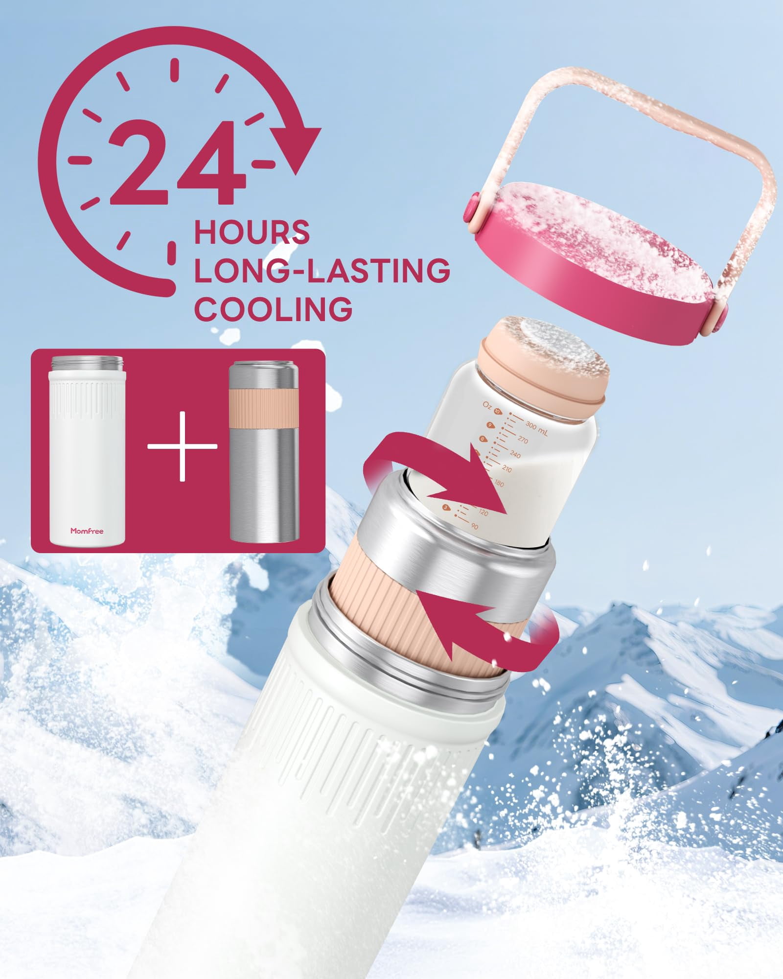 Momfree 22oz Portable Breast Milk Cooler, 24H 360° Continuous Cooling, Stainless Steel Breastmilk Chiller with 2 BPA-Free Bottles for Travel
