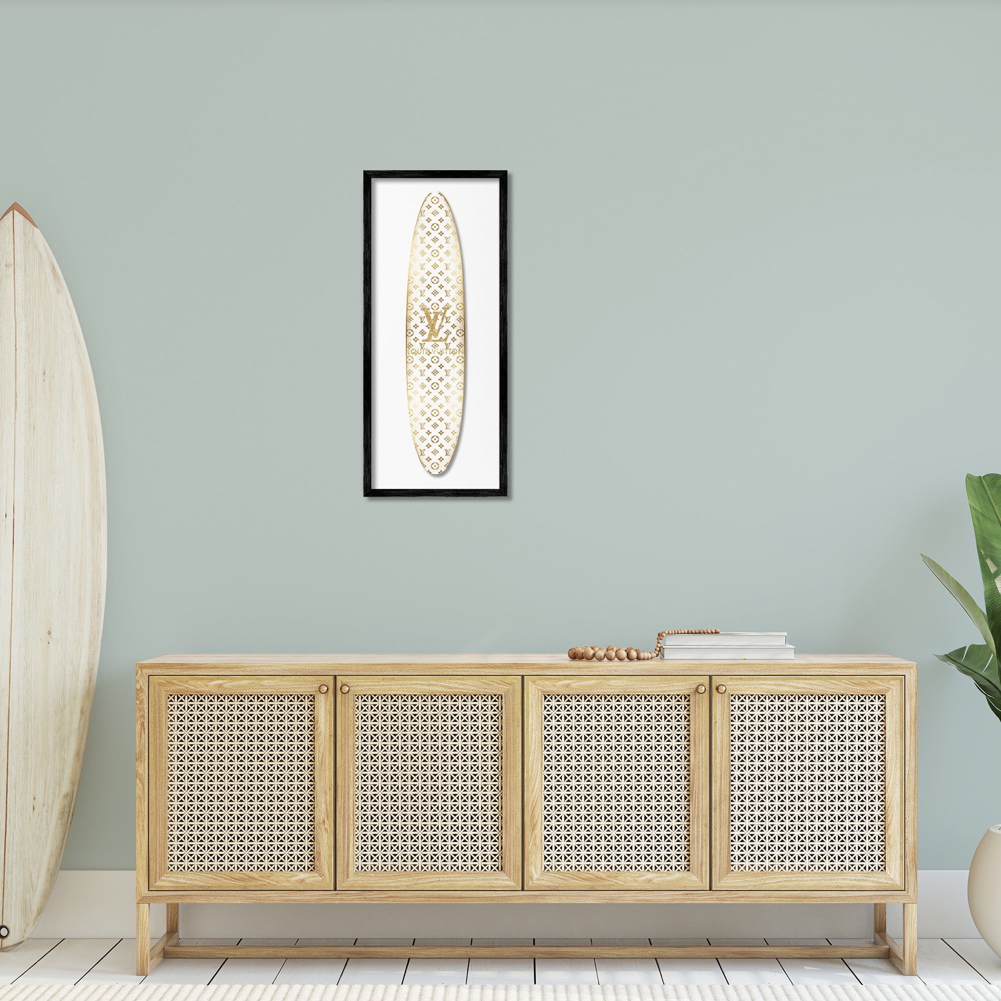 Stupell Industries Designer Patterned Surfboard Nature Painting Black Framed Art Print Wall Art, 13 x 30