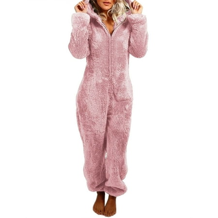 

Ma&Baby Women Winter Casual Long-Sleeve Warm Bear Plush Romper Pajamas Zipper High Neck Hat Homewear Sleepwear