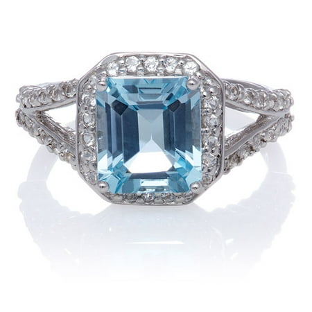 Blue Topaz Emerald-Cut Halo with White Topaz Sterling Silver Split Shank Ring, Size 7