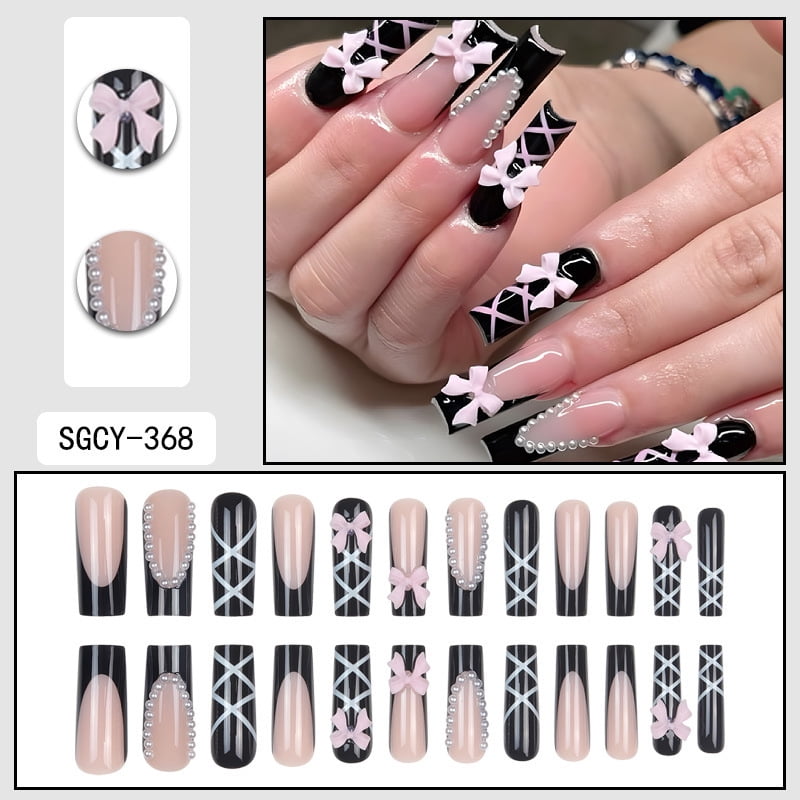24 Long Coffins with French Patterns, Flowers, Butterfly Dots, Diamond Shiny Fake Nails, press on nails