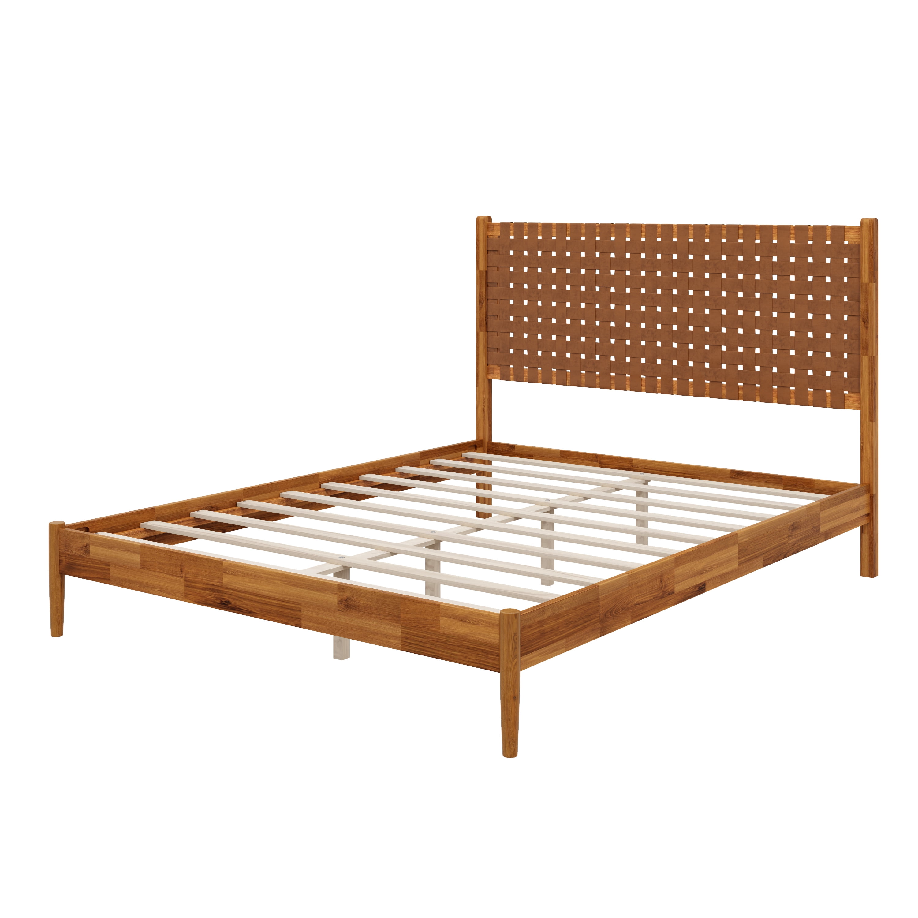 Euroco Solid Acacia Wood Queen Size Platform Bed, Mid-Century Modern Style Bed with Hand-Woven Vegan Leather Headboard, No Box Spring Needed, Caremel