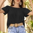thumbnail image 2 of XIAONU Women's Solid Off Shoulder Blouse Loose Fit Short Sleeve Ruffled Neck Pullover Top Lightweight Flowy Casual Top, 2 of 6
