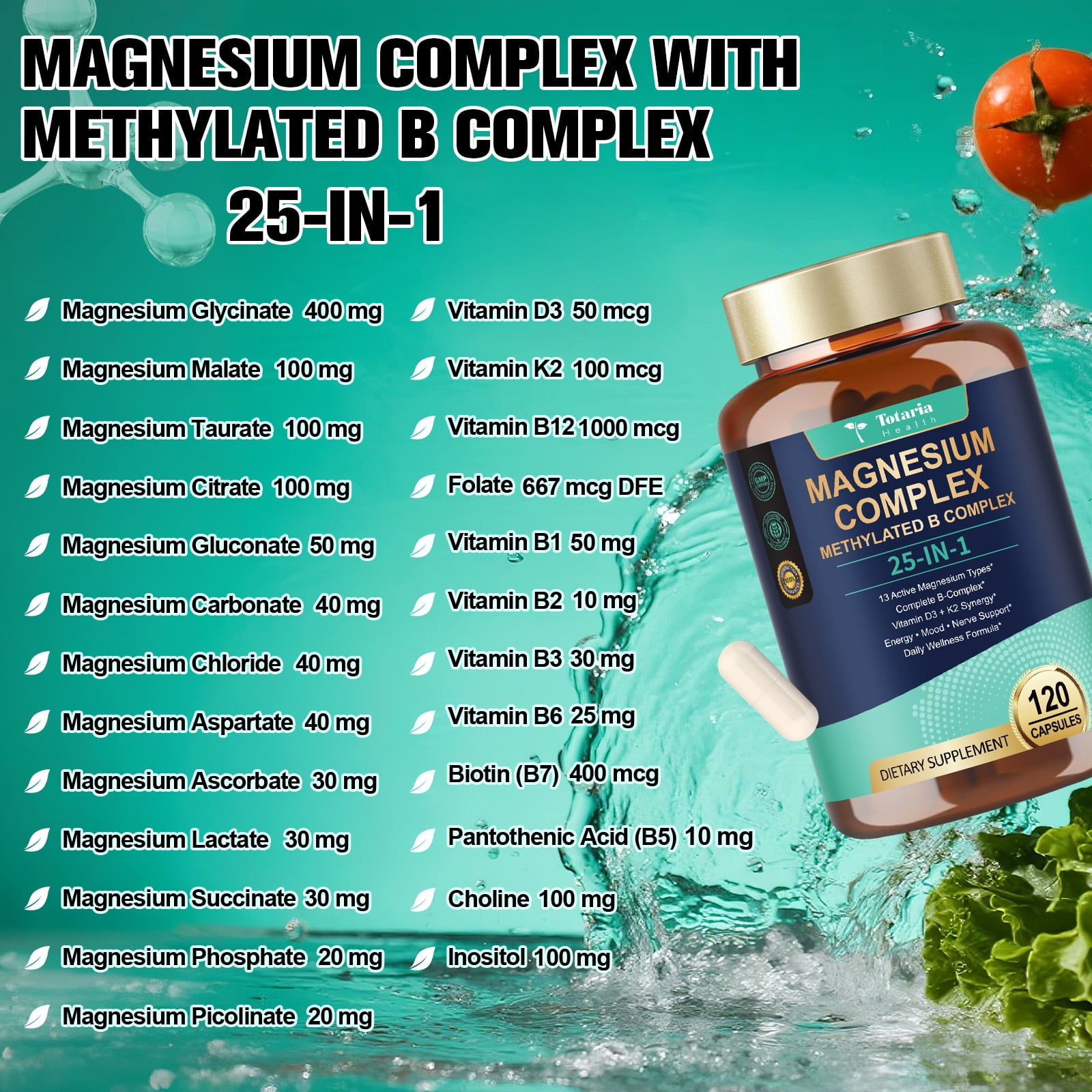 Totaria 25-in-1 Magnesium Complex with Methylated B Complex & D3 K2, Supplement for Relaxation, Energy & Nerve Support, 120 Vegan Capsules