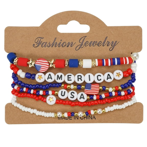 American Flag Bracelet for Women Mens USA Red Blue White Beads Stretch Bracelet Set Patriotic 4th of July Independence Day