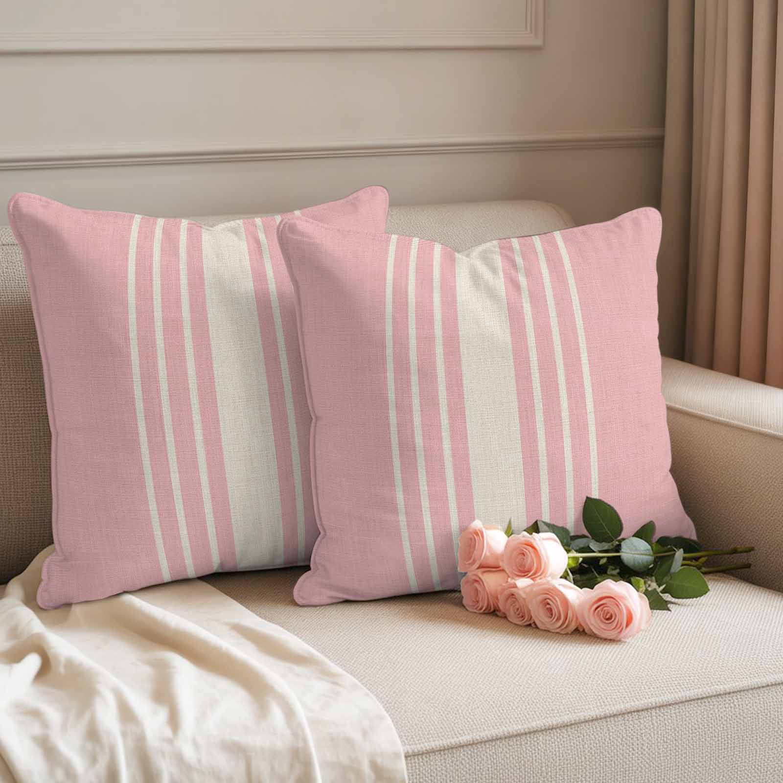 Pink Beige Striped Outdoor Waterproof Pillow Covers, Modern Farmhouse Retro Lines Decorative Square Throw Pillowcase Sofa Cushion Sham for Patio/Couch/Chair, 26"x26" 2 Pack