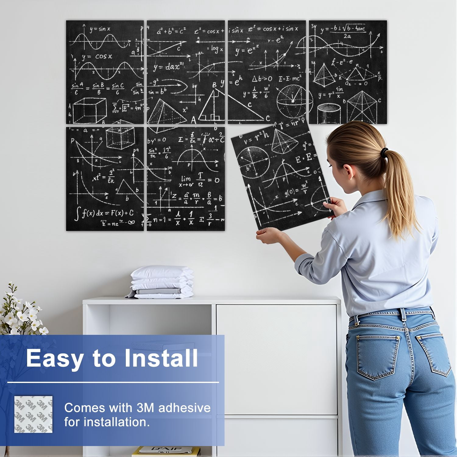 Classroom 8 Pack Art Acoustic Panels Sound Absorbing Chalkboard Filled Mathematical Equations Graphs Geometric Diagrams Decorative Soundproof Wall Panels Self Adhesive Kids Game Room 48"x32"