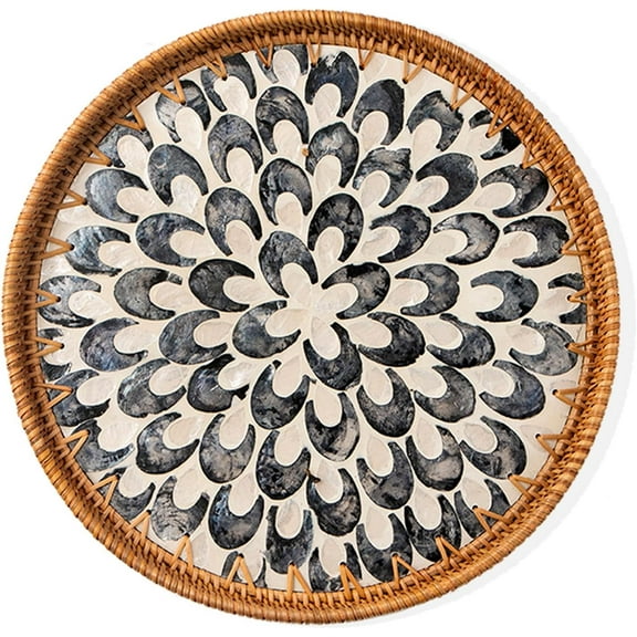 Round Rattan Tray with Mother of Pearl Inlay, Decorative Wicker Serving Tray with Wooden Base, Woven Basket Trays for Bread Fruits Coffee, Plume