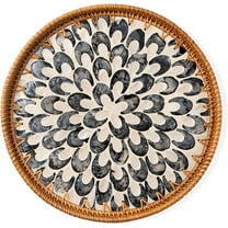Round Rattan Tray with Mother of Pearl Inlay, Decorative Wicker Serving Tray with Wooden Base, Woven Basket Trays for Bread Fruits Coffee, Plume