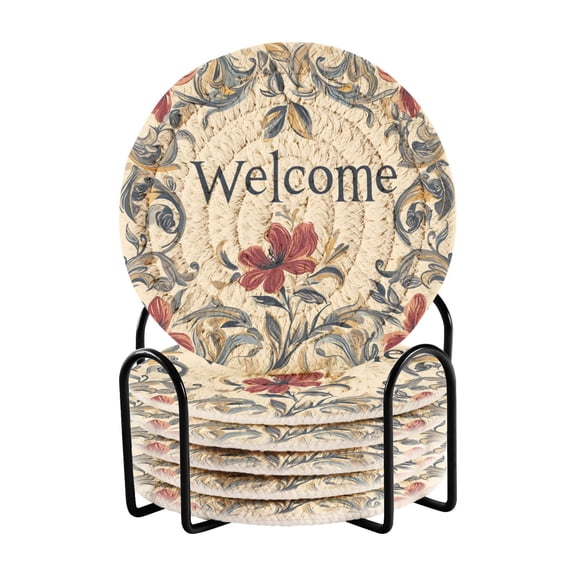 Floral Edging Beige Drink Coasters with Holder Absorbent Coaster for Coffee Table Room Decor 6 Pack
