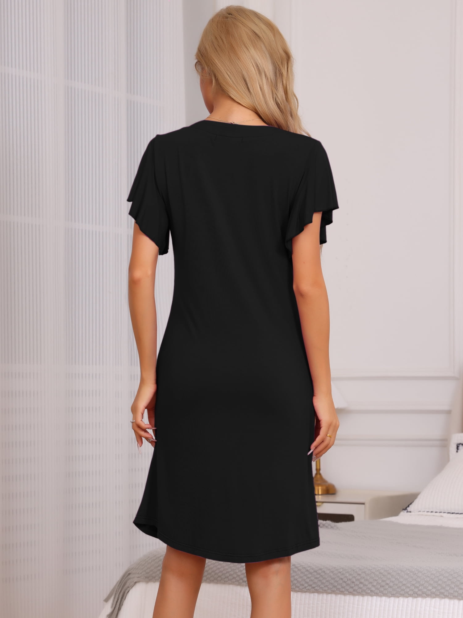 DARING DIVA Women's V-Neck Ruffle Short Sleeve Nightgowns S Black