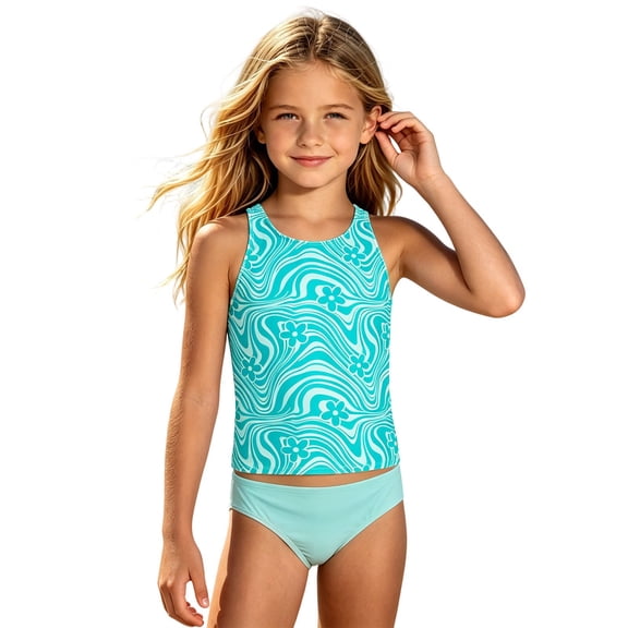 Girls Wave Floral Print Tankini Swimsuit, Two Piece Bikini for Tween, Junior Modest Swimwear with UPF50 4-16Y