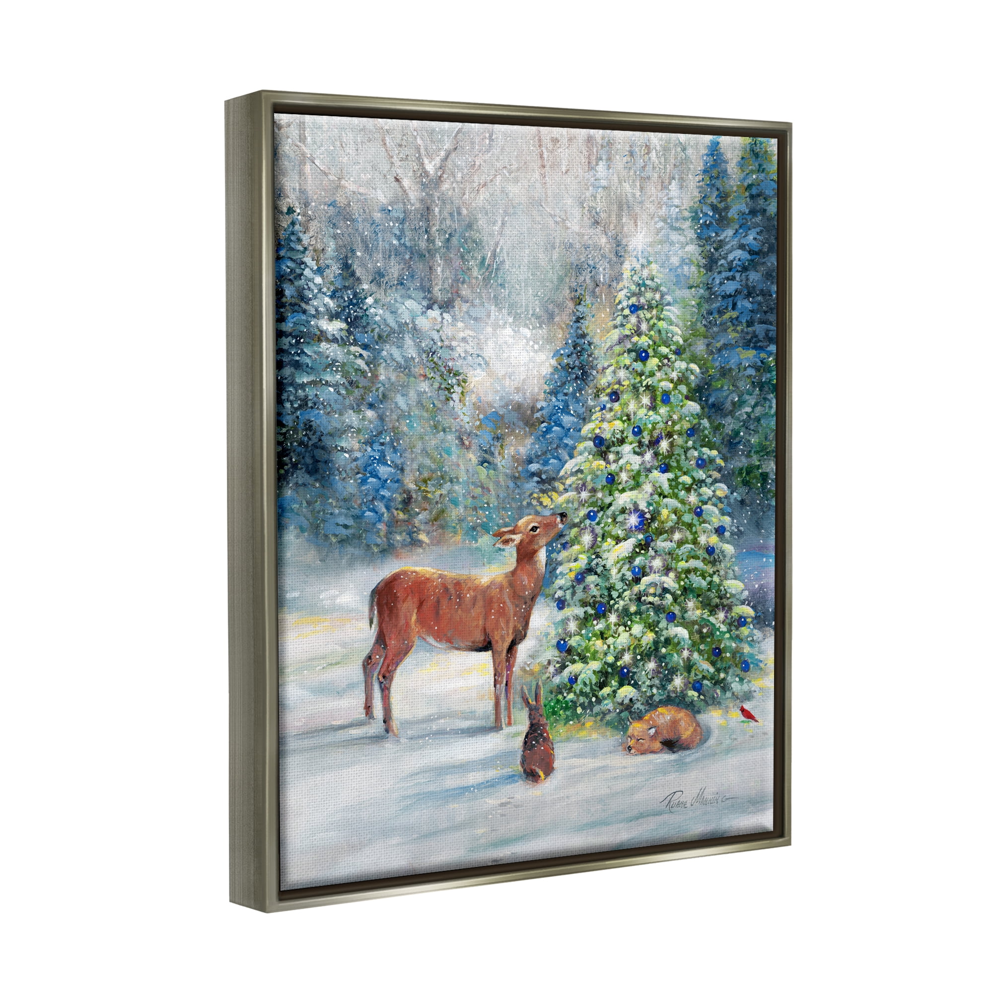 Stupell Industries Winter Woodland Animals Tree Holiday Painting Gray Floater Framed Art Print Wall Art