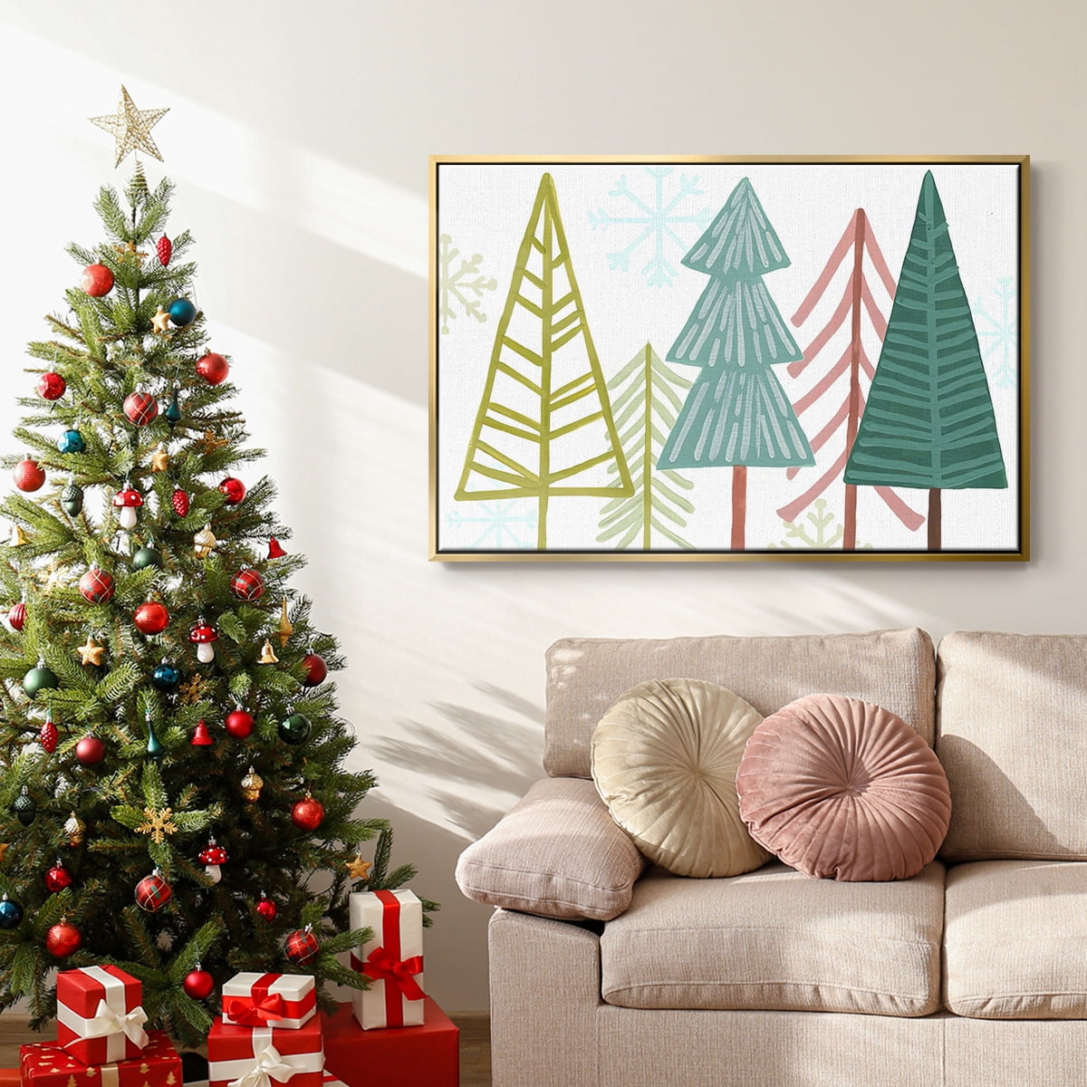 Modern Holiday Collection A - Framed Gallery Wrapped Holiday Canvas - 25 x 37 - Gold Frame