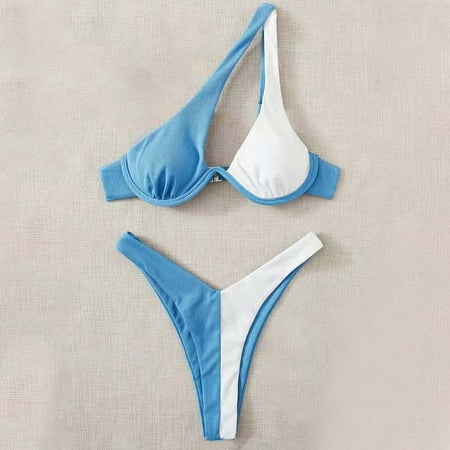 BSDJILFG One Shoulder Swimsuits for Women Color Blocked Bikini Sets Push Up Small Cups Bra and High Waisted Cheeky Underwear Beachwear Swimwear Clearance