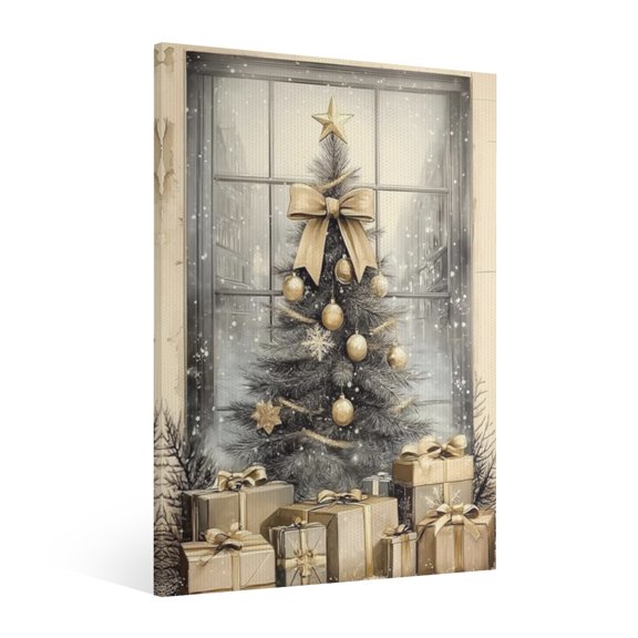 Vintage Christmas decoration scene Wall Art Paint Framed - Retro Xmas Festive Winter Holiday Christmas Wall Decor Canvas Print for Living Room Kitchen Bathroom Home Bedroom Decor