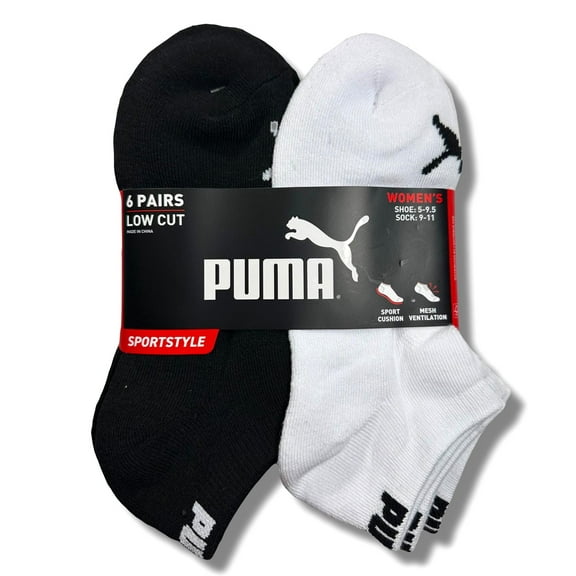 PUMA SOCKS WOMEN'S - LOW CUT - SOLID 253 - SOLID BCK WHI - SHOE SZ 5-9.5 -PACK 6